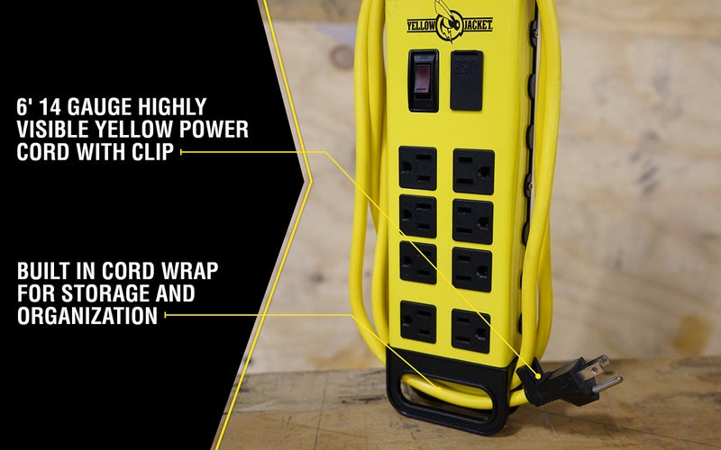 Yellow Jacket بلوك طاقة معدني حديث 8 مخرج من يلو جاكت 5148 مع 2 منفذ USB؛ أصفر - Image 4